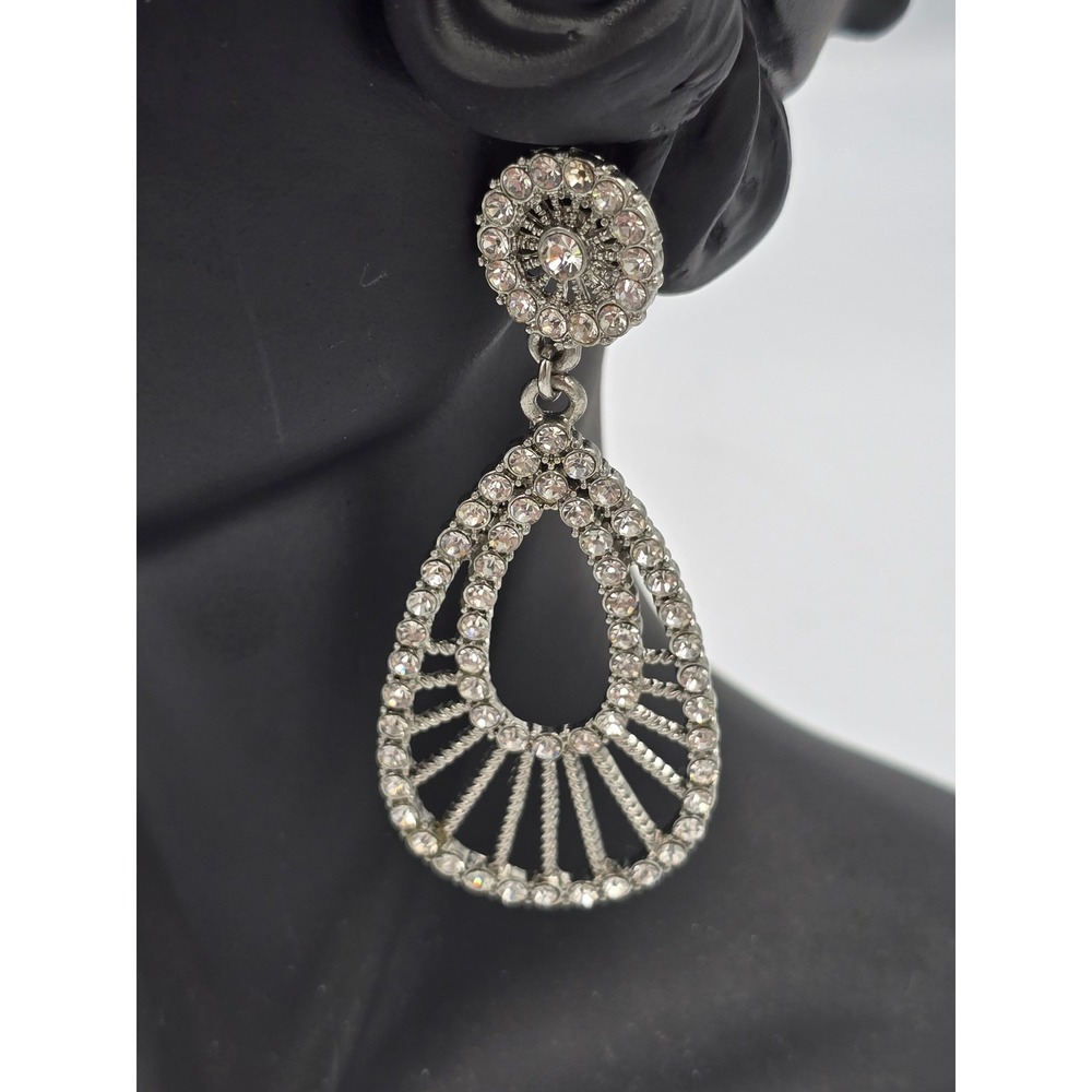 Sparkling Clear Rhinestone Dangle Earrings Silver Tone Teardrop Fashion Jewelry - Picture 1 of 16